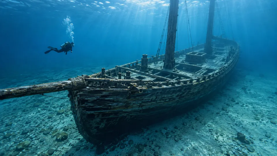 A diver exploring a wooden schooner shipwreck in clear freshwater